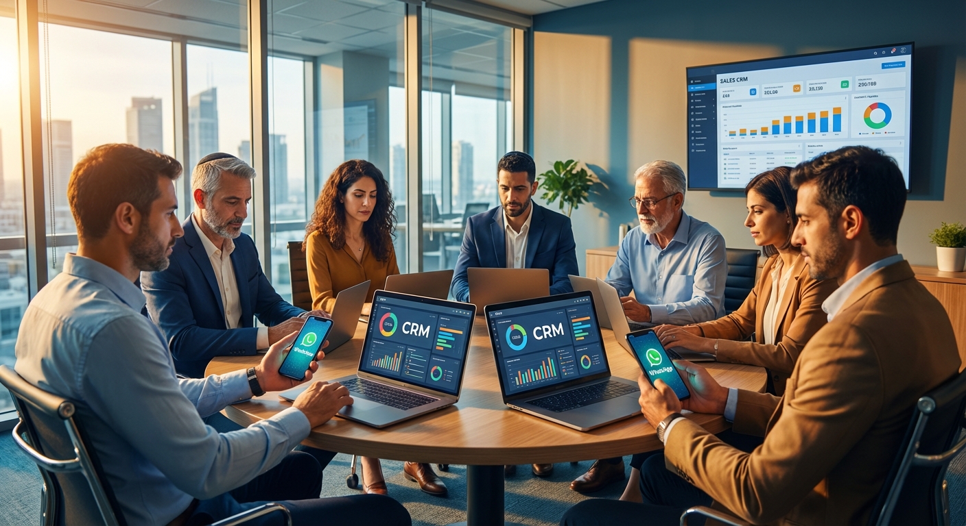 צוות עסקי ישראלי מנהל לידים במערכת CRM חכמה עם אוטומציית וואטסאפ