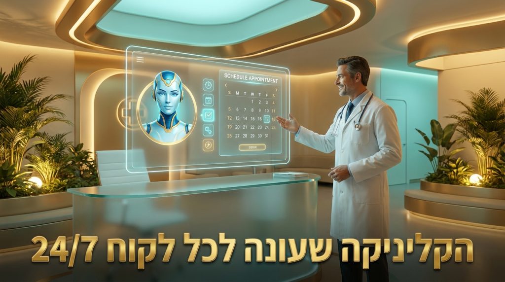 סוכן AI לקליניקות פרטיות עם הולוגרמה במרפאה מודרנית
