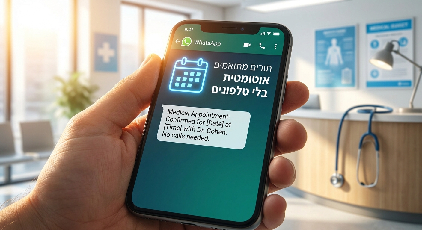 מסך WhatsApp מציג אישור תור קליניקה אוטומטי