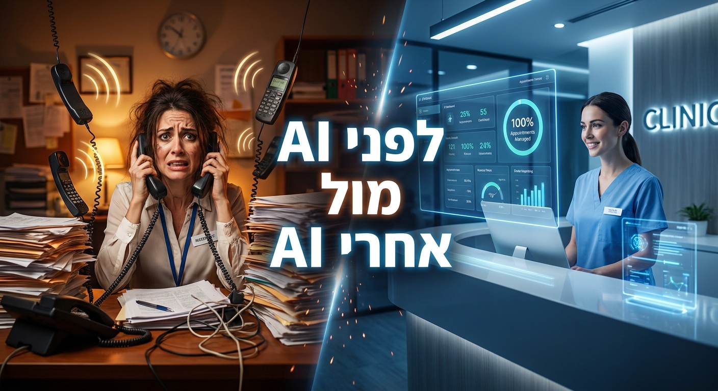 השוואה ויזואלית של ניהול תורים לפני ואחרי הטמעת סוכן AI