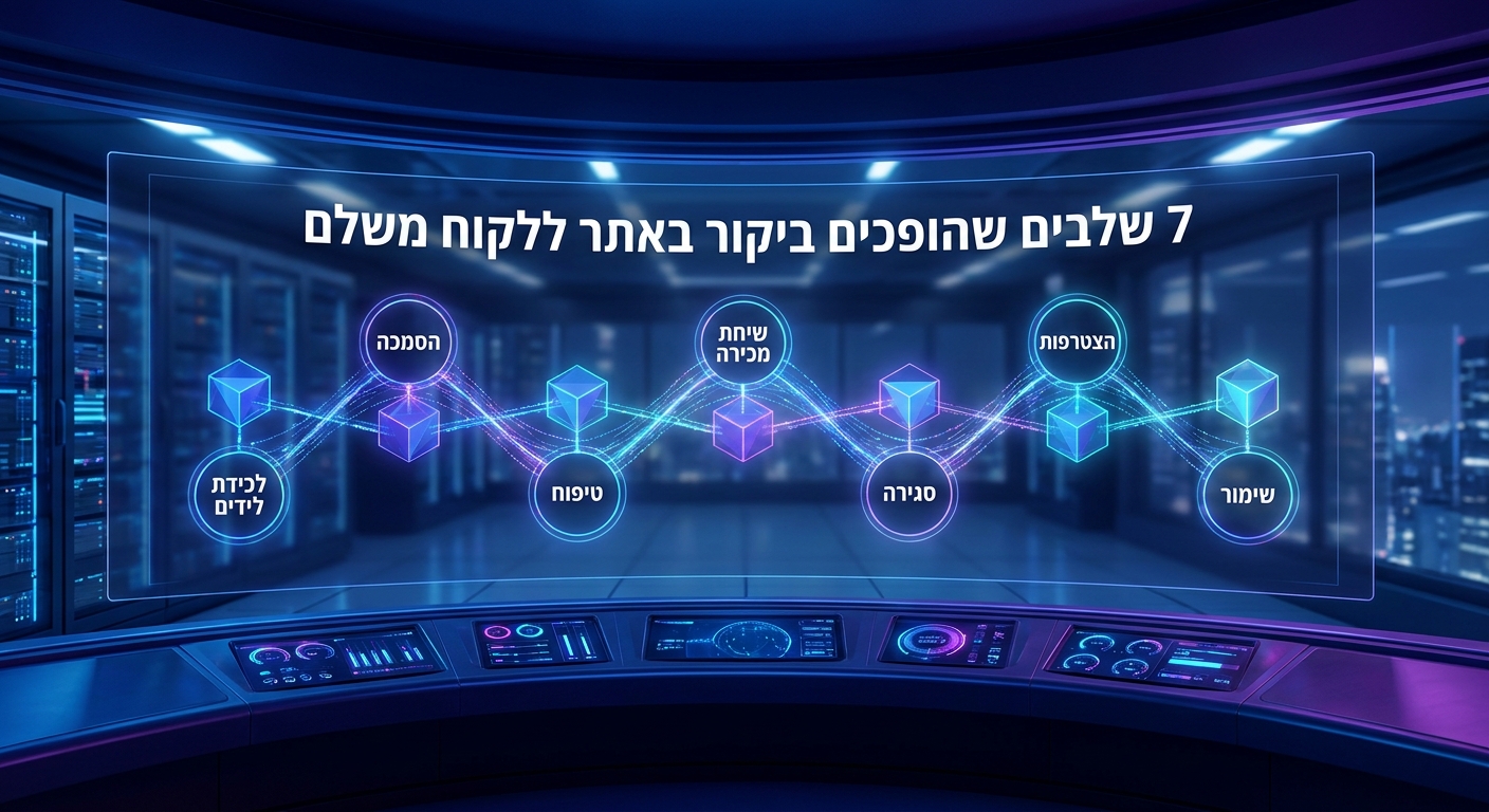 מרכז שליטה דיגיטלי המציג 7 שלבי משפך מכירות אוטומטי