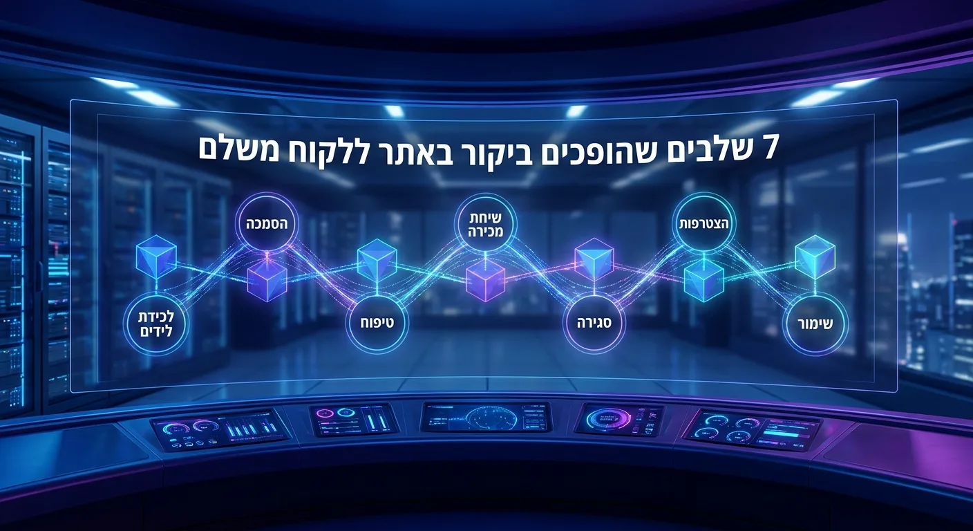 מרכז שליטה דיגיטלי המציג 7 שלבי משפך מכירות אוטומטי