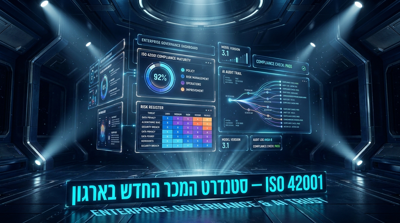 מסגרת ISO 42001 לארגונים — דשבורד ממשל AI עם מדדי בקרת סיכון