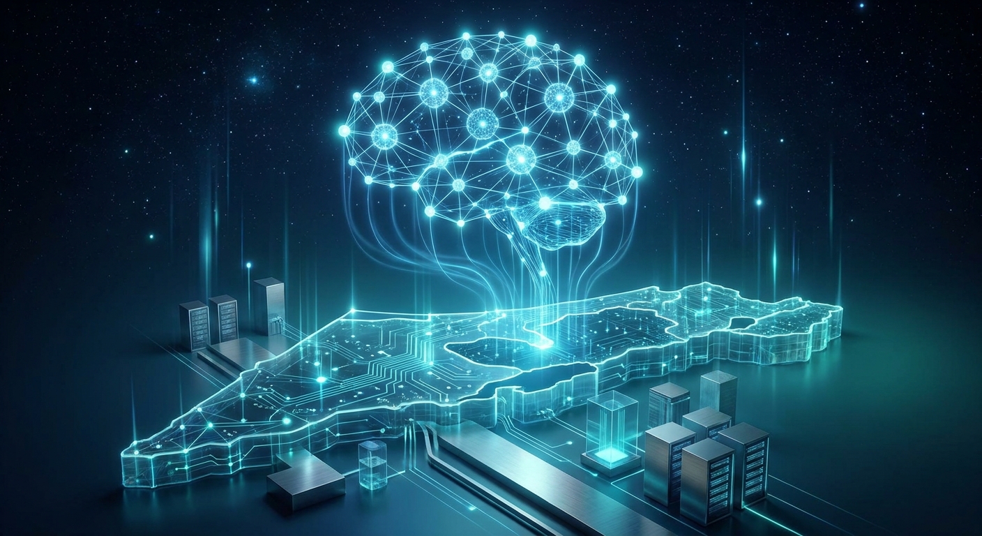 מפת ישראל עם רשת AI כחולה, מייצגת ממשל AI וריבונות נתונים לארגונים ישראלים 2026
