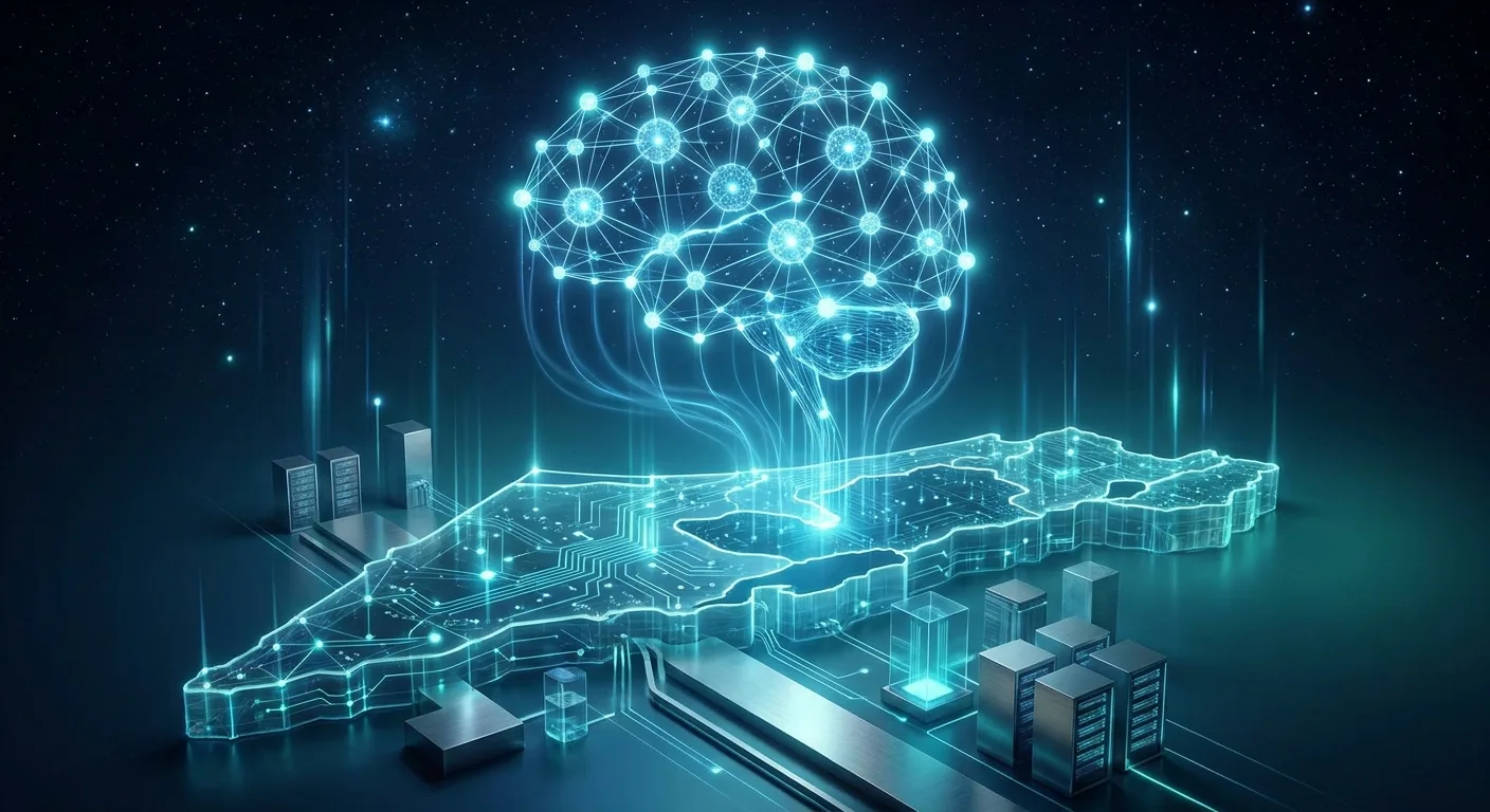 מפת ישראל עם רשת AI כחולה, מייצגת ממשל AI וריבונות נתונים לארגונים ישראלים 2026
