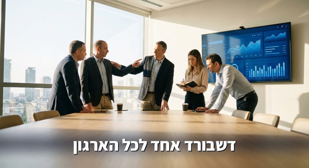 מנהלים בארגון בוחנים דשבורד מנהלים מאוחד על מסך גדול בחדר ישיבות