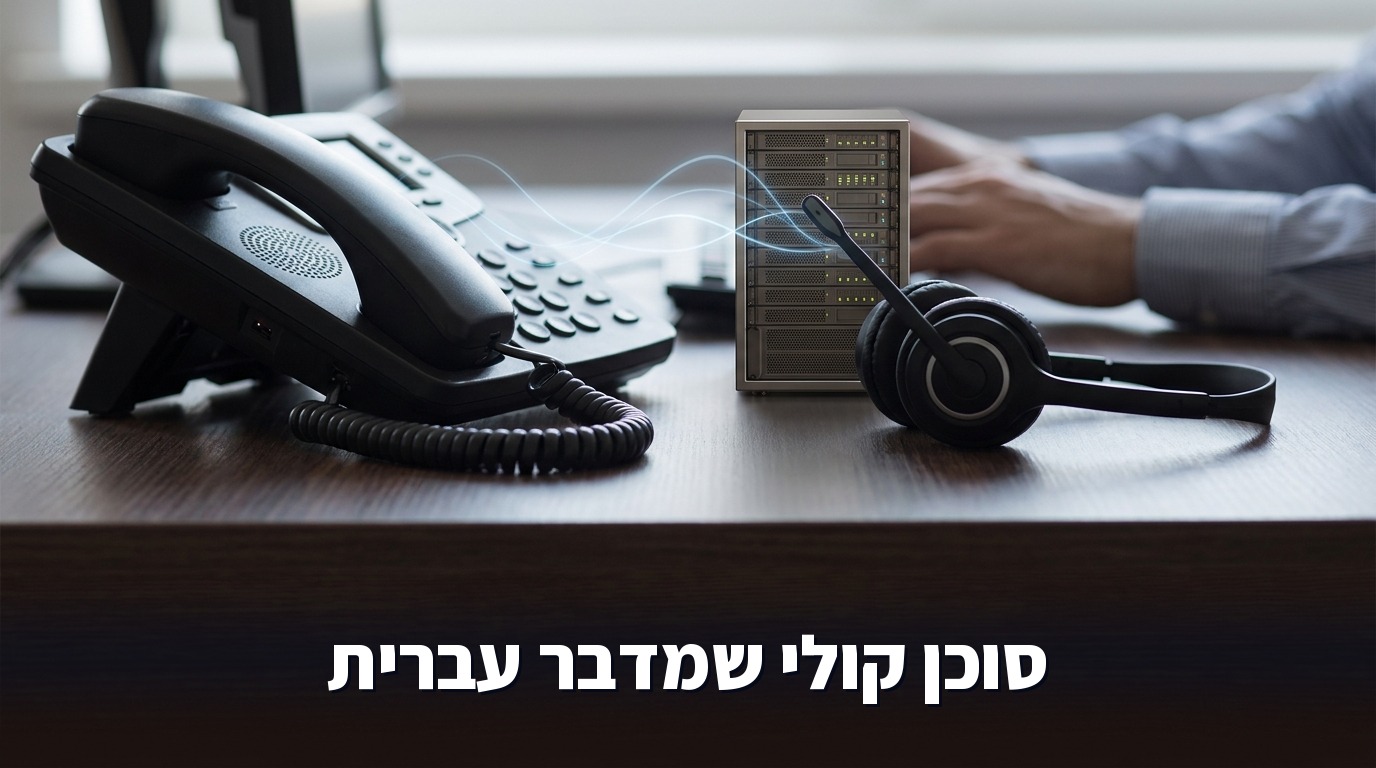 צילום תקריב של טלפון שולחני ואוזניות עם גלי קול כחולים הזורמים אל ארון שרתים קטן