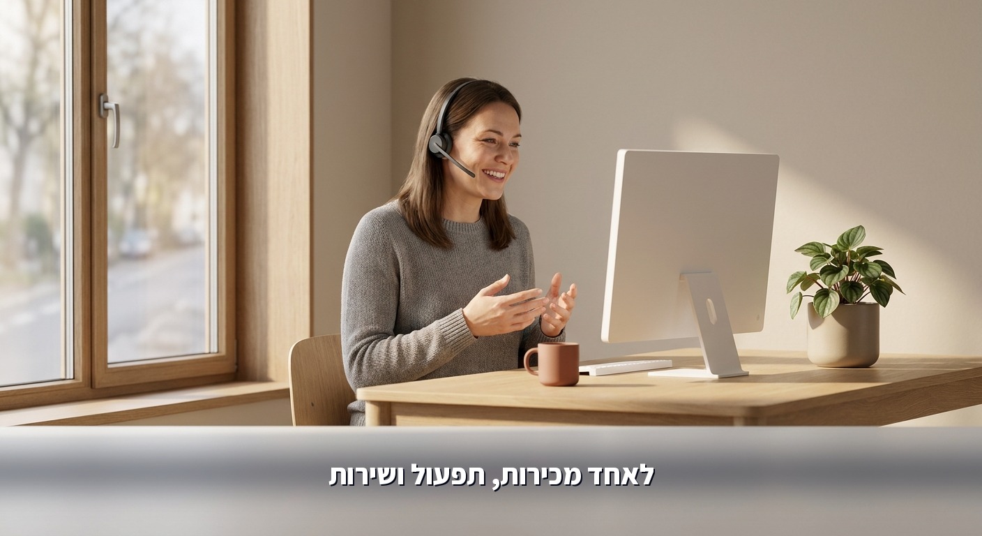 נציגת שירות לקוחות מחייכת בשיחת אוזנייה מול מסך אחד מסודר