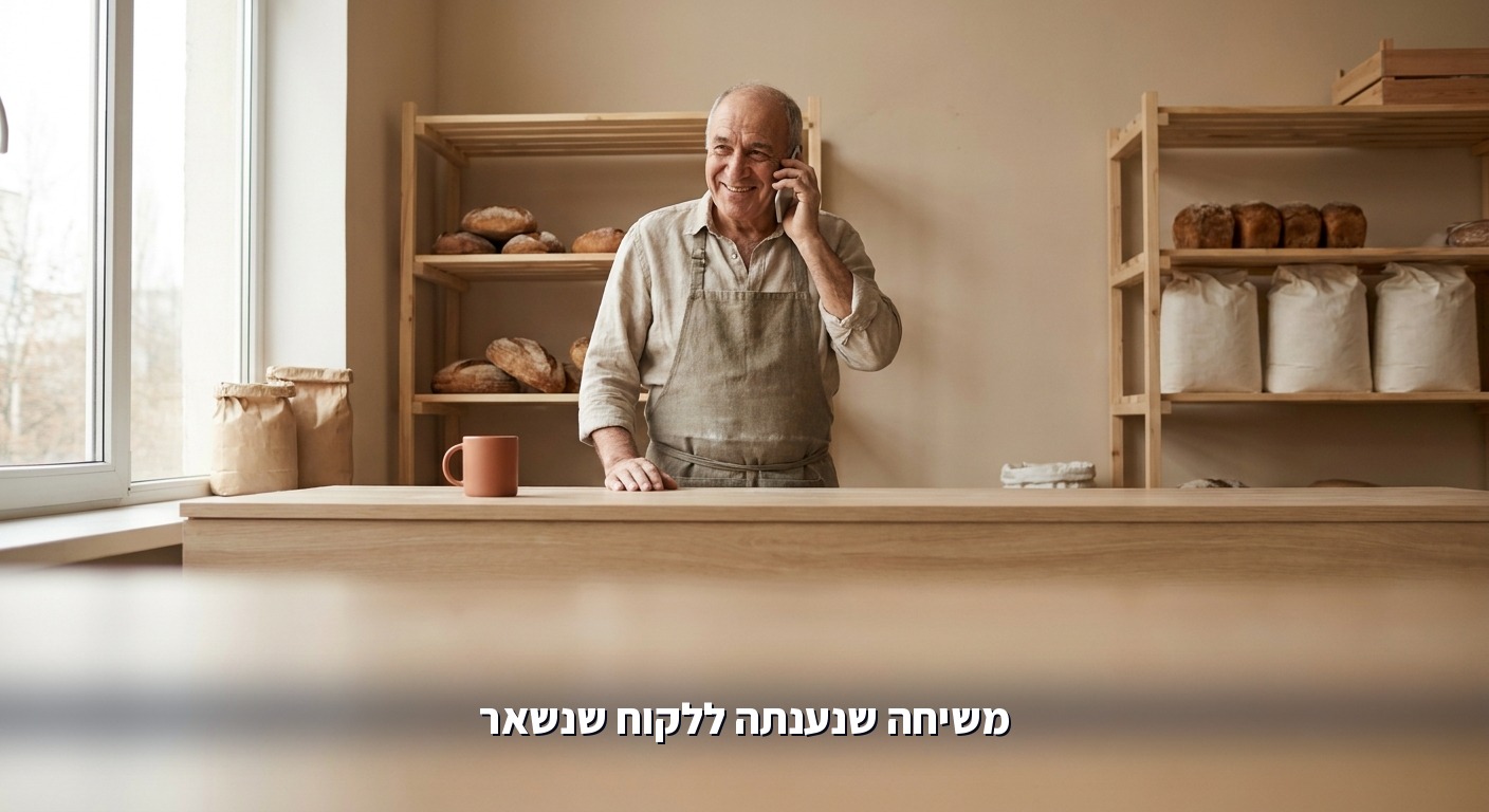 בעל עסק מבוגר מחייך בשיחת טלפון במאפייה: הצד של הלקוח בשיחה עם סוכן קולי