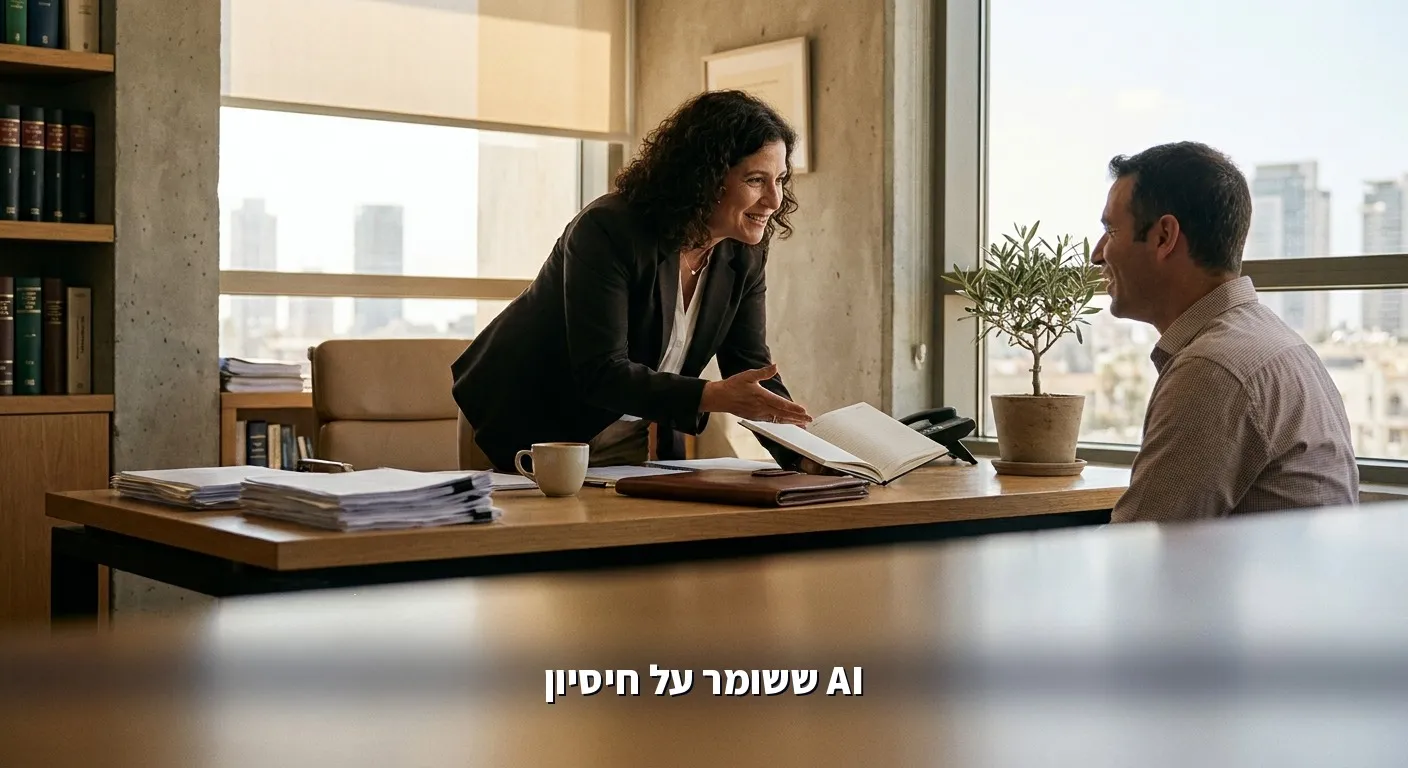 עורך דין מייעץ ללקוח במשרד מודרני עם תמיכת AI ששומרת על חיסיון