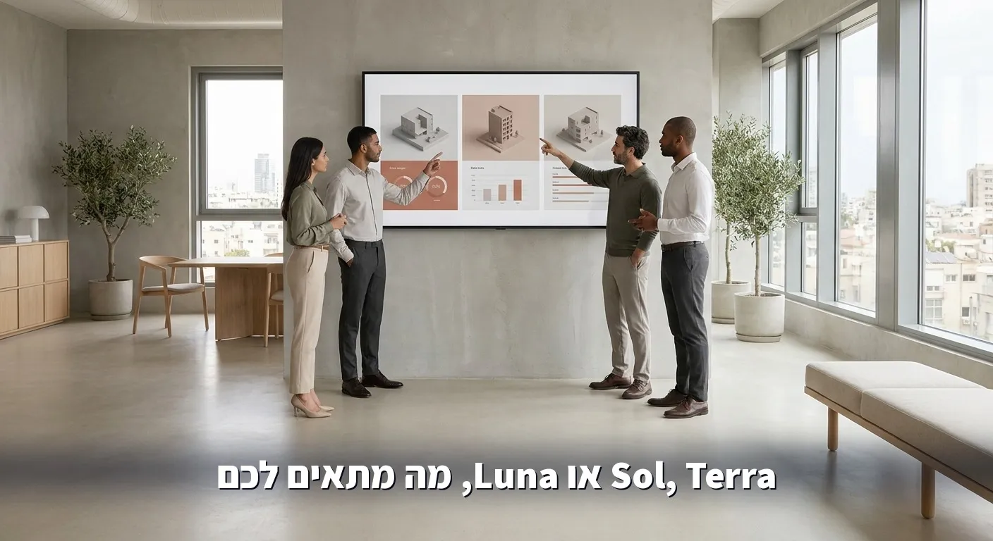 צוות ארגוני משווה אפשרויות על מסך קיר גדול במשרד