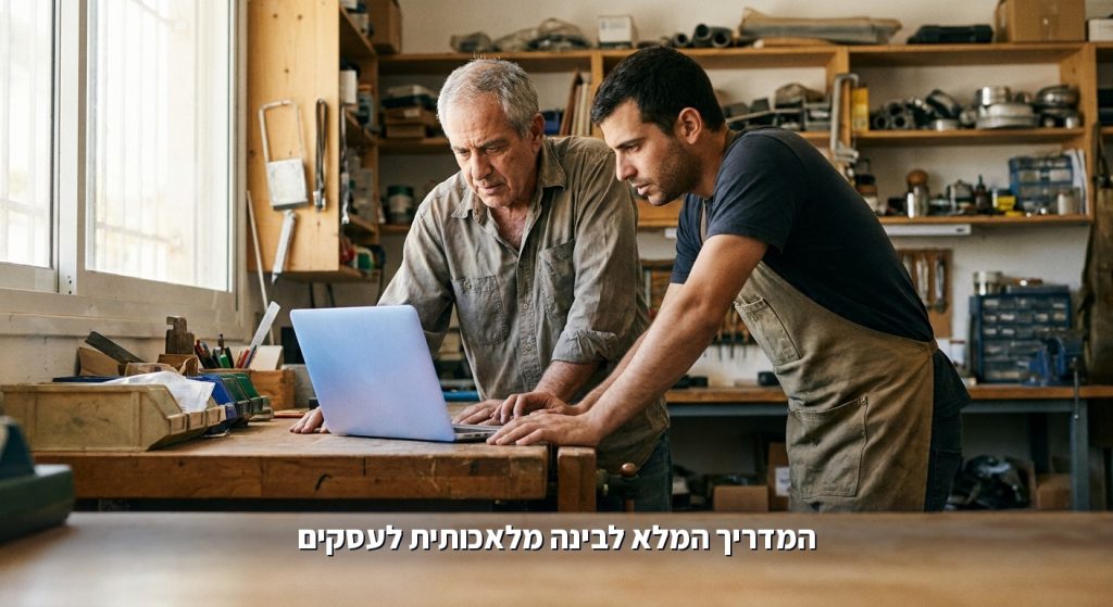 בעל עסק ומנהלת תפעול בוחנים מערכת מאוחדת אחת על לפטופ בבית מלאכה, מדריך בינה מלאכותית לעסקים 2026