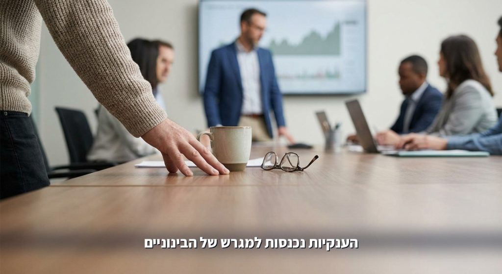 מנהל בחברה בינונית צופה בחדשות עסקיות על מסך במשרד