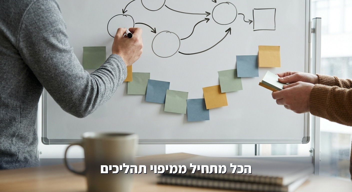 ידיים משרטטות מפת תהליכים על לוח מחיק עם פתקיות שמתנקזות לזרימה אחת, מיפוי תהליכים לפני הטמעת AI