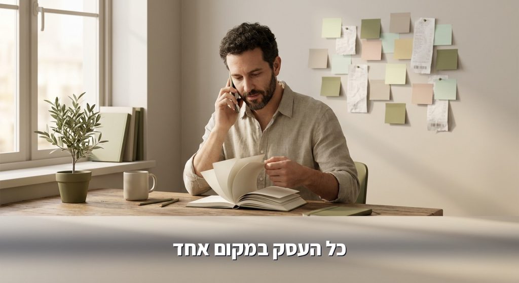 בעל עסק קטן עסוק בטלפון מול קיר פתקים, לפני איחוד מערכות