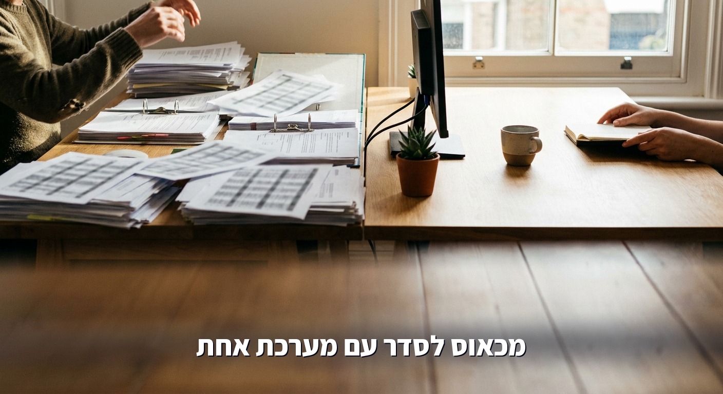 צד אחד ערימות ניירת וכאוס, צד שני שולחן מסודר עם מסך אחד, סדר בעסק עם מערכת AI אחת