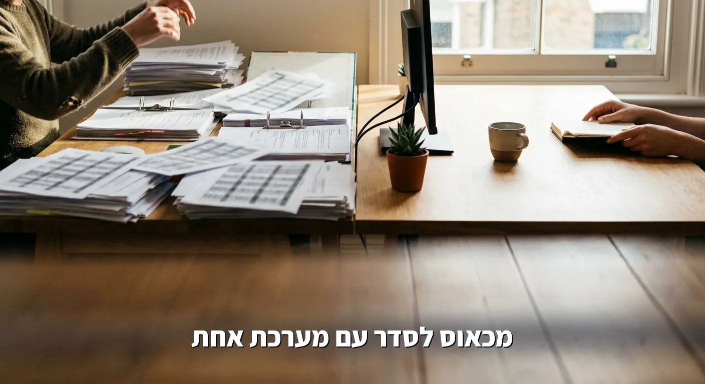 צד אחד ערימות ניירת וכאוס, צד שני שולחן מסודר עם מסך אחד, סדר בעסק עם מערכת AI אחת