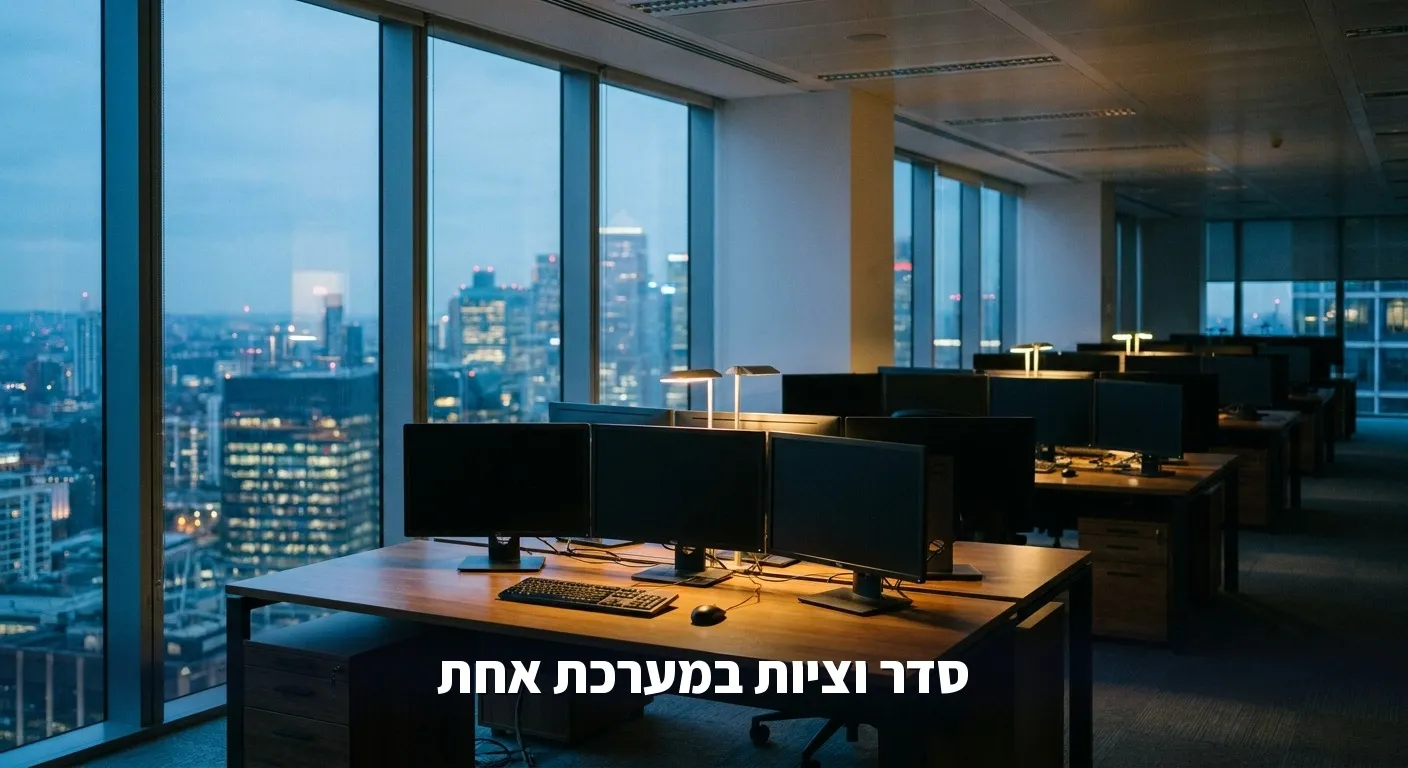 עמדת עבודה מסודרת בגוף פיננסי אחרי הטמעת AI עם בקרות
