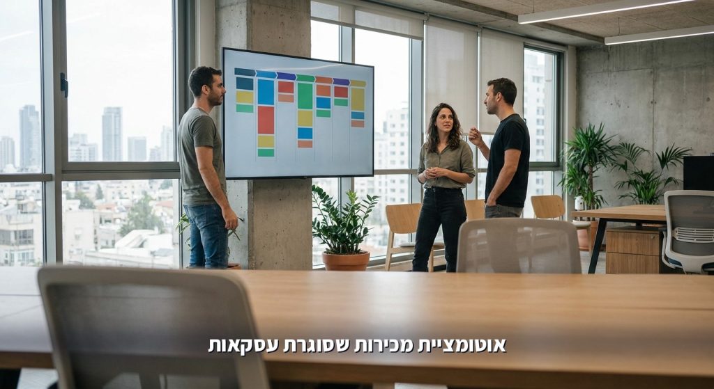 צוות מכירות ישראלי מול דשבורד צינור מכירות חי במשרד מודרני