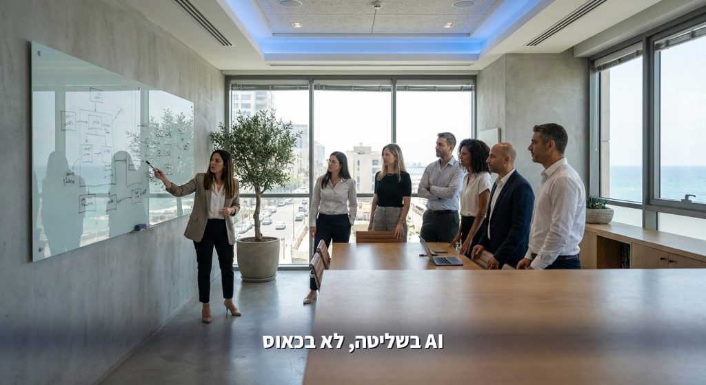 מנהלים בוחנים לוח מסגרת ממשל AI ברור בחדר ישיבות מודרני