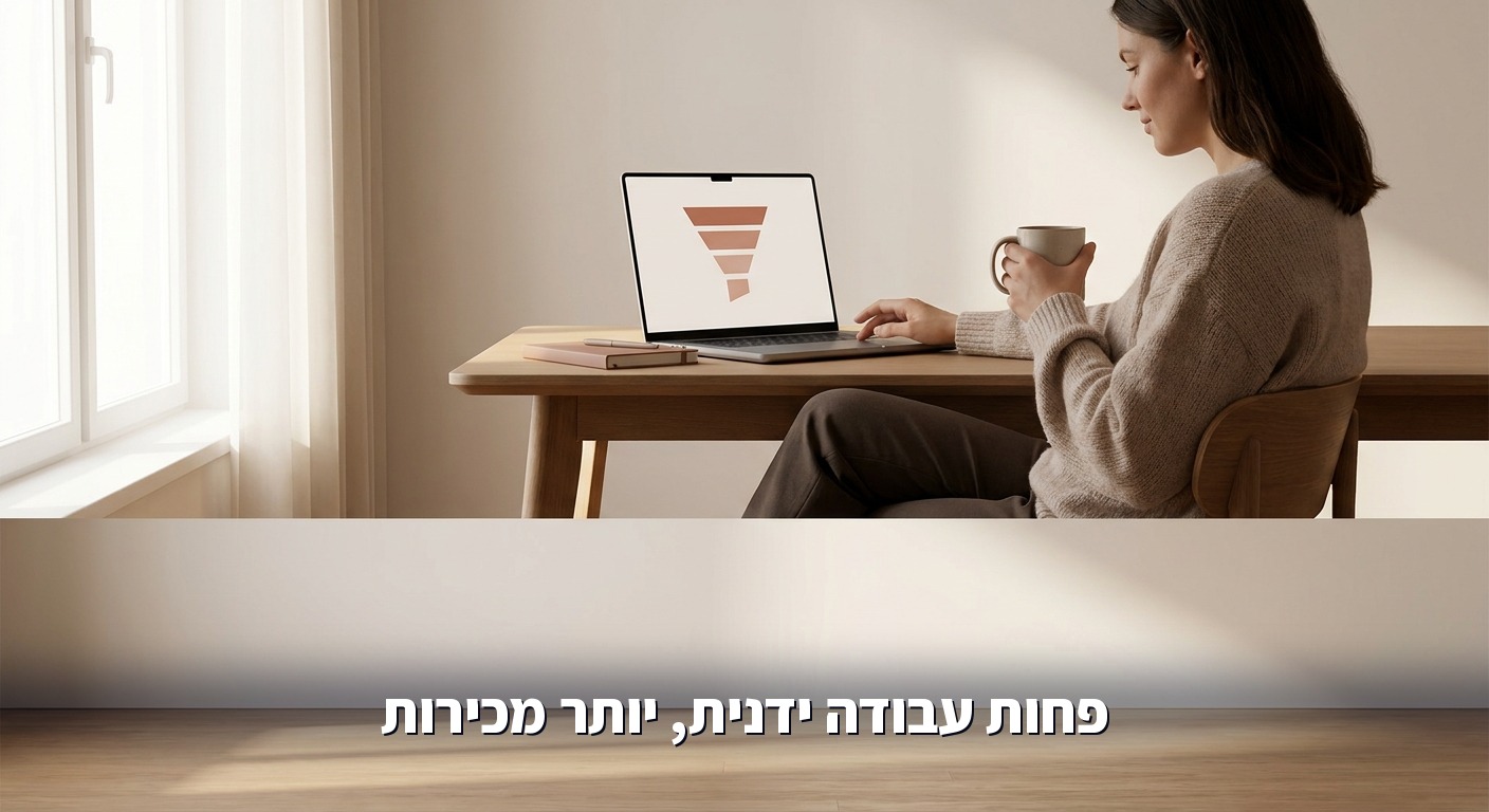בעלת עסק קטן בוחנת משפך עסקאות מסודר במחשב נייד