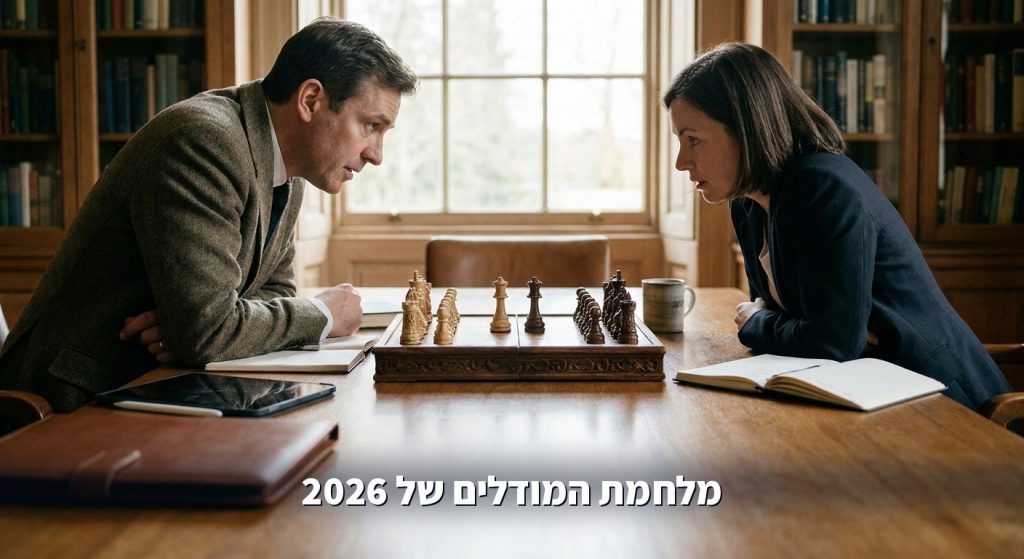 שני מלכי שחמט זה מול זה על לוח זוהר, סמל למלחמת מודלי ה-AI בין אנת'רופיק ל-OpenAI