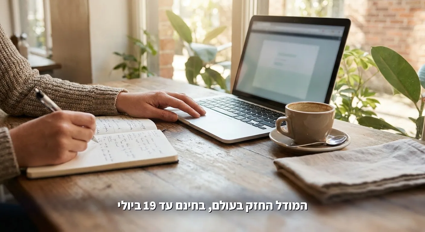 משתמשת צעירה בבית קפה נהנית לעבוד עם עוזר AI במחשב הנייד