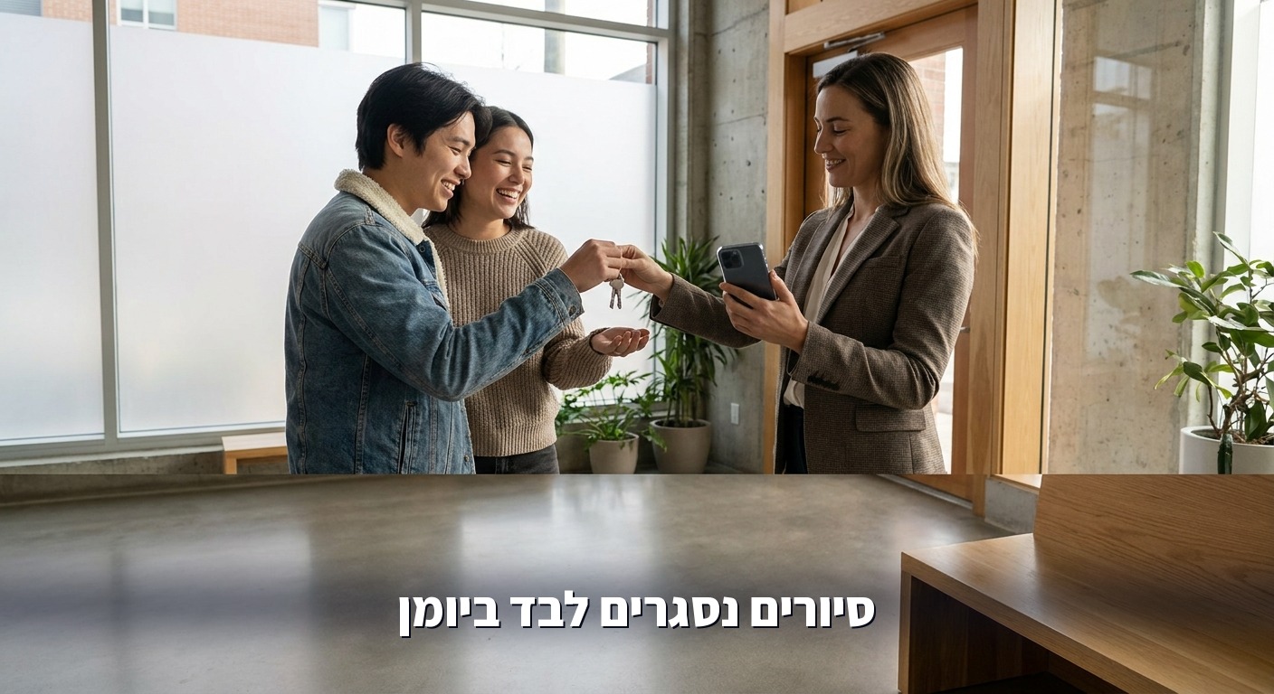 זוג מקבל מפתחות לדירה בזמן שהסוכן בודק יומן מסודר