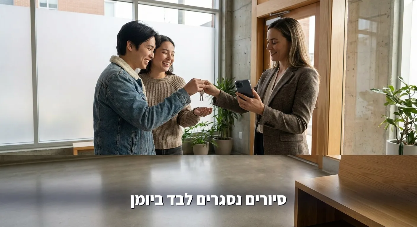 זוג מקבל מפתחות לדירה בזמן שהסוכן בודק יומן מסודר