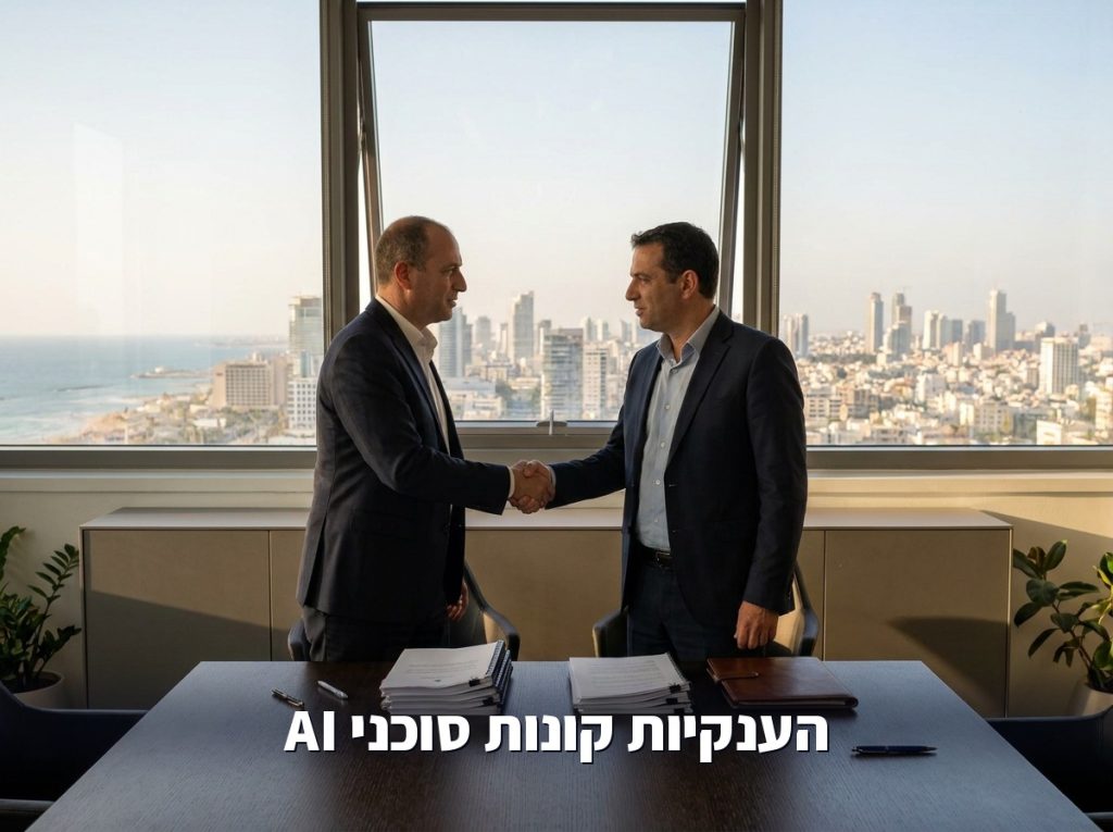 לחיצת יד בין שני אנשי עסקים במגדל משרדים בתל אביב, רגע חתימה על עסקת רכישה