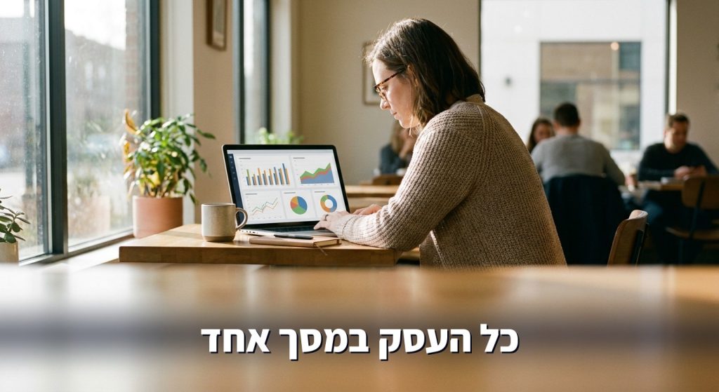 בעלת עסק קטן בוחנת דשבורד עסקי מאוחד אחד במחשב נייד
