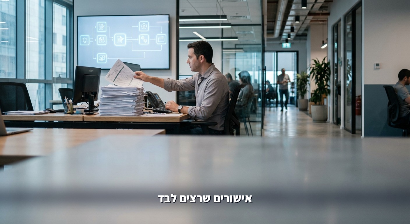 ערימת טפסי אישורים הופכת לתהליך דיגיטלי נקי על מסכי קיר במסדרון משרדי