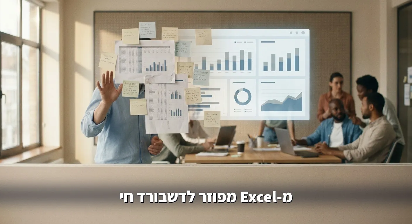 פתקים וגיליונות מפוזרים מתאחדים לדשבורד דיגיטלי מסודר אחד