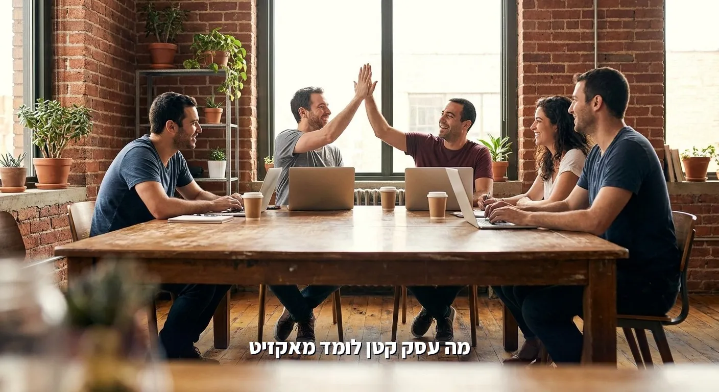 צוות סטארטאפ ישראלי קטן של חמישה אנשים חוגג בצניעות במשרד לופט עם לפטופים פתוחים