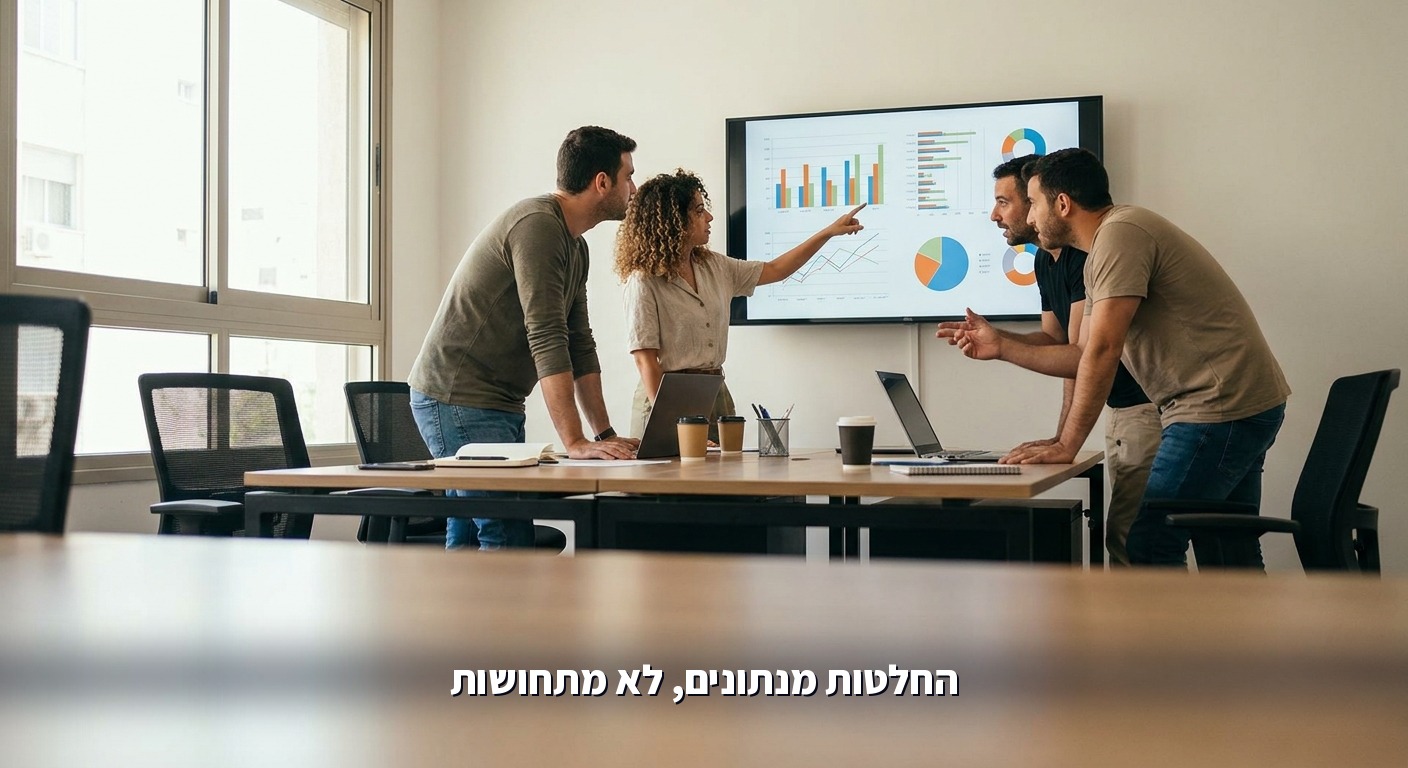 צוות קטן מקבל החלטות מול מסך דשבורד עם נתוני העסק