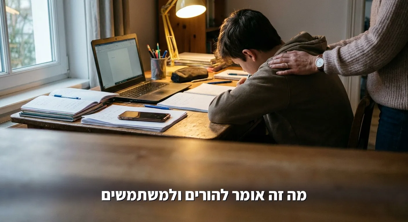 הורה מניח יד על כתף של נער ליד טלפון הפוך על שולחן, ילדים וחברי AI וירטואליים