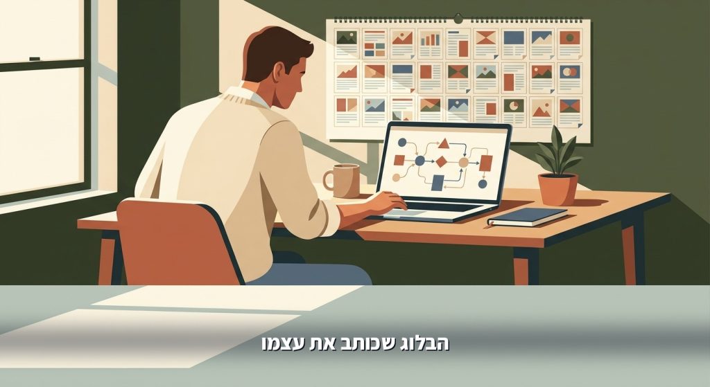 בעל עסק קטן מול לוח שנה מלא במאמרים שפורסמו אוטומטית