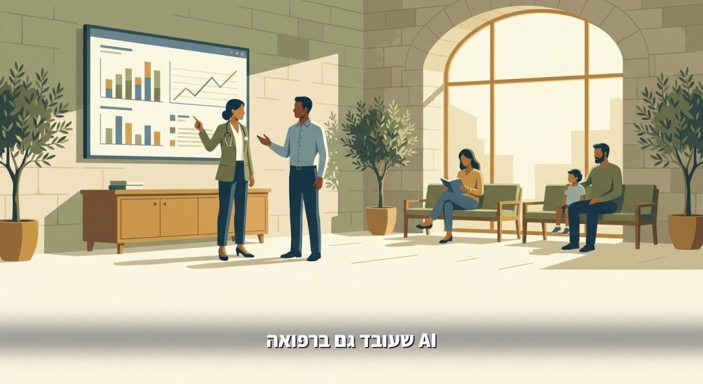 רופאה ומנהלת קליניקה מול דשבורד דיגיטלי בקבלה של מרפאה מודרנית
