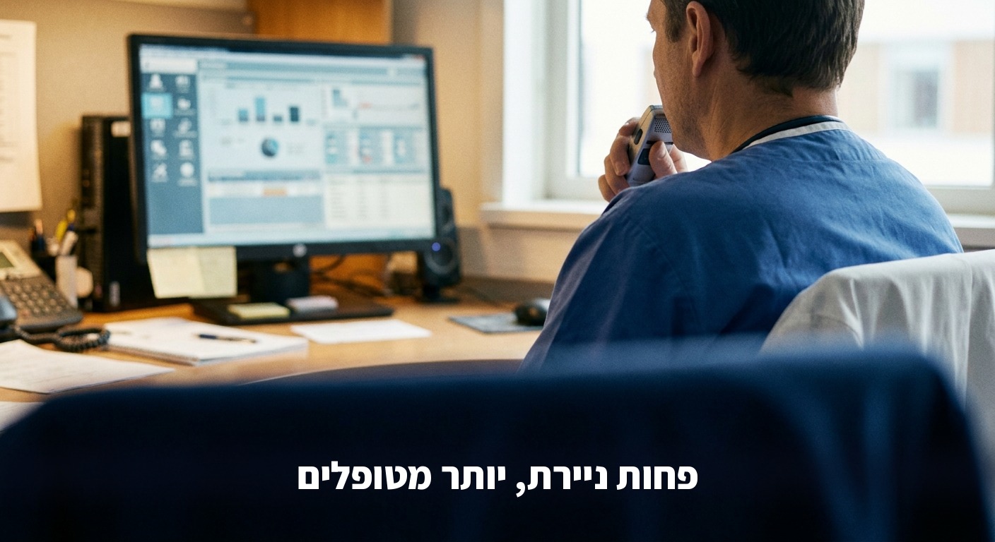 רופא מקליט סיכום ביקור והמסך הופך את הדיבור לרשומה רפואית מסודרת