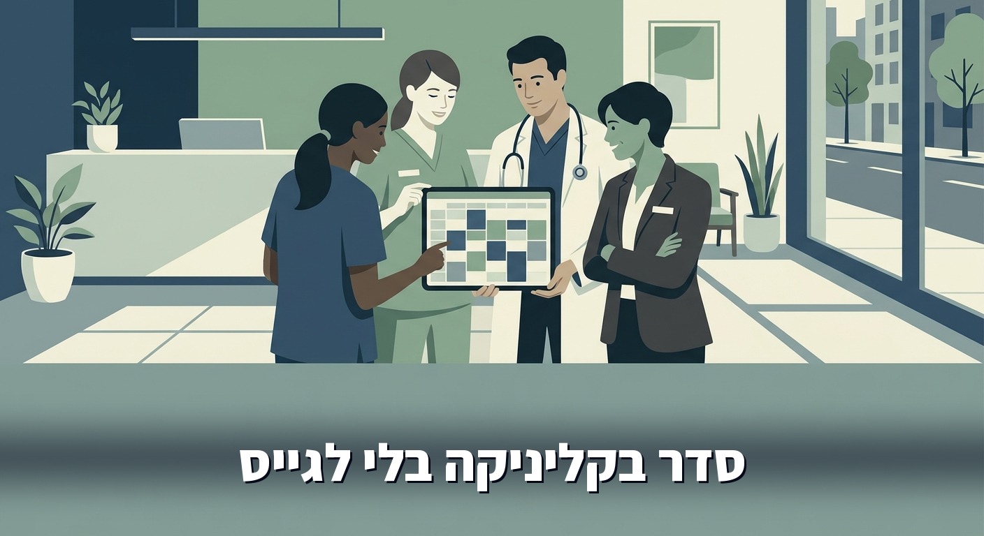 צוות קליניקה קטנה מתכנס סביב טאבלט עם לוח זמנים שבועי מסודר