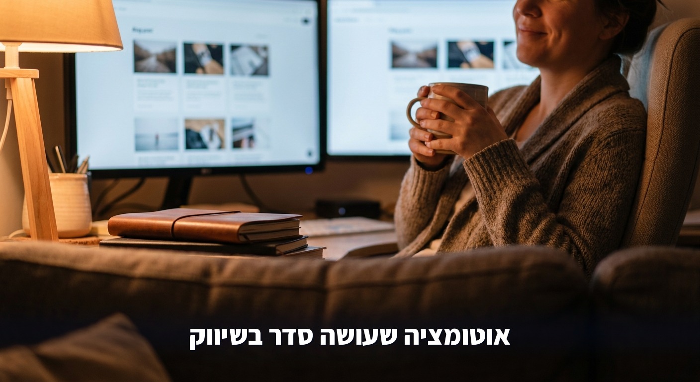 בעל עסק רגוע שותה קפה בזמן שהמערכת מפרסמת מאמרים לבד