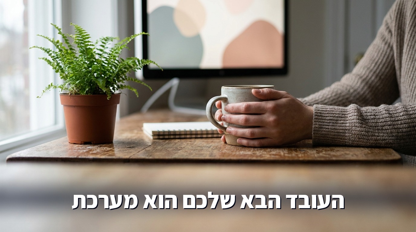 עובדת מול שולחן עבודה מסודר עם מערכת AI אחת מרוכזת, יעילות בלי לחץ