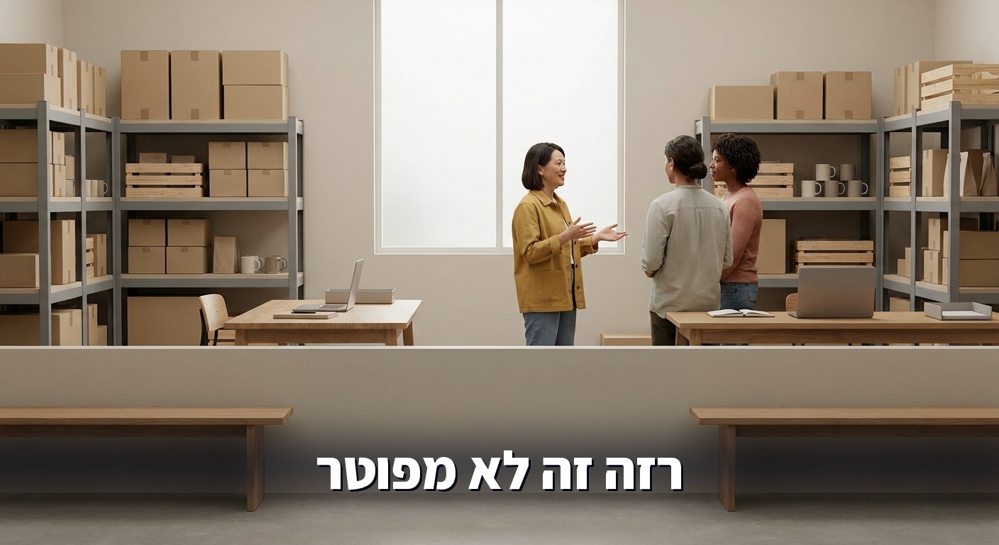 בעל עסק משוחח עם שני עובדים במחסן קטן, שומרים על האנשים ומייעלים עם AI