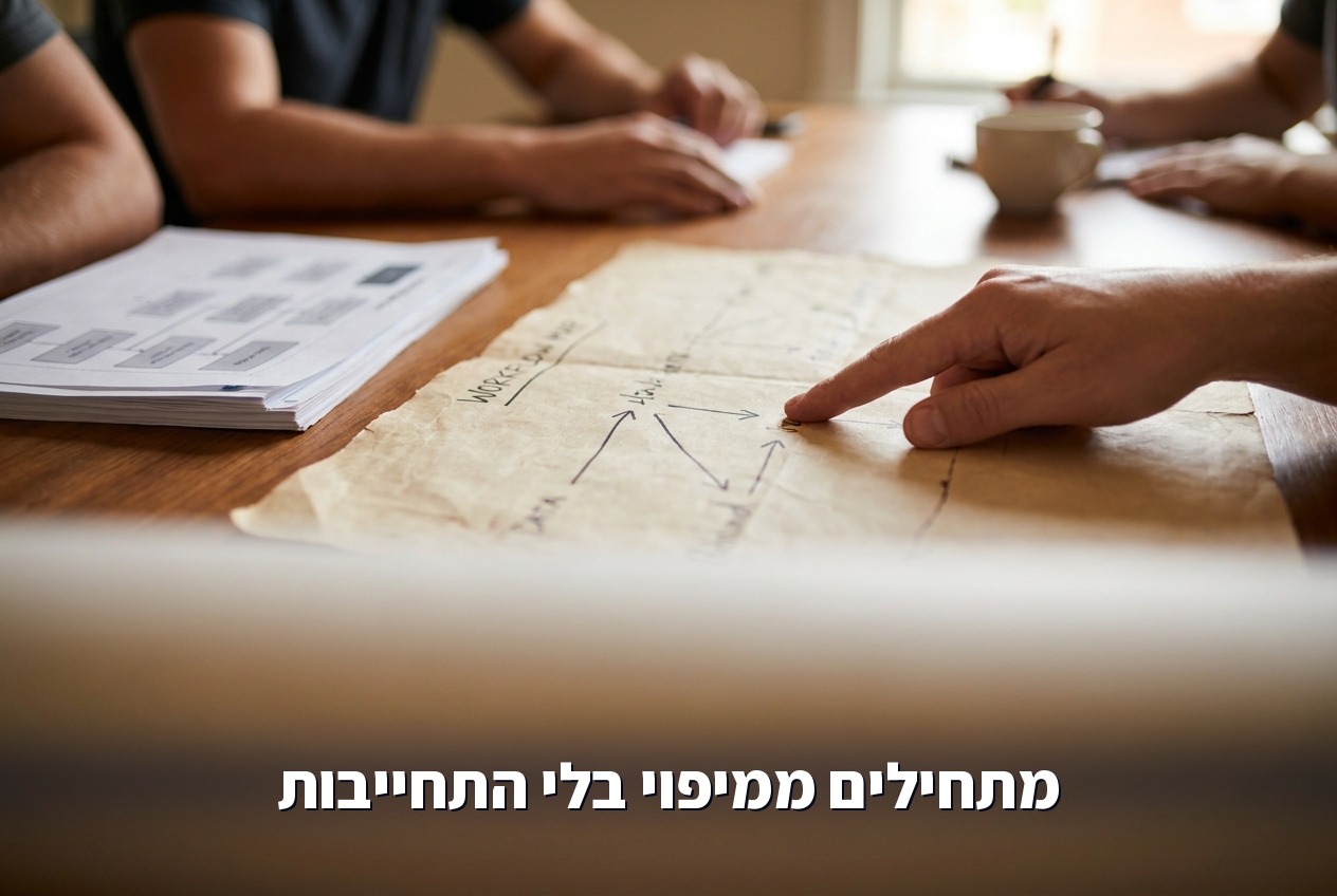 צוות עסקי ממפה תהליכי עבודה לפני הטמעת עוזר AI