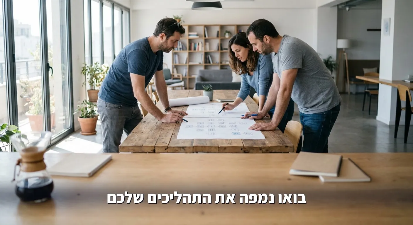צוות עסק קטן מתכנן תהליכי עבודה סביב שולחן