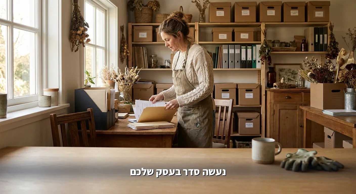 בעלת חנות פרחים מסדרת מלאי ומסמכים במשרד מסודר