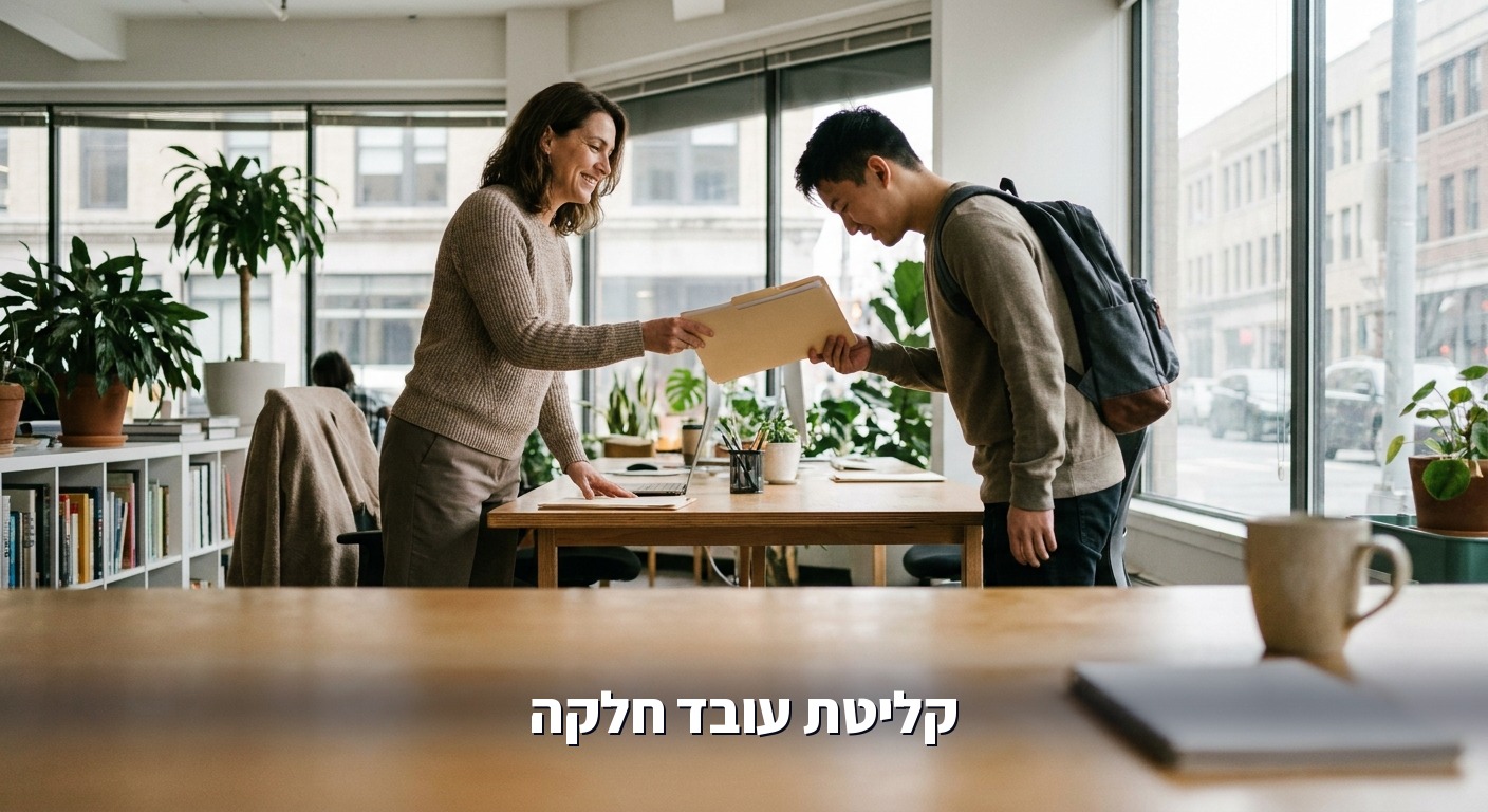 מנהלת משאבי אנוש קולטת עובד חדש עם תיקיית נהלים