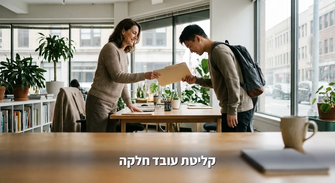 מנהלת משאבי אנוש קולטת עובד חדש עם תיקיית נהלים