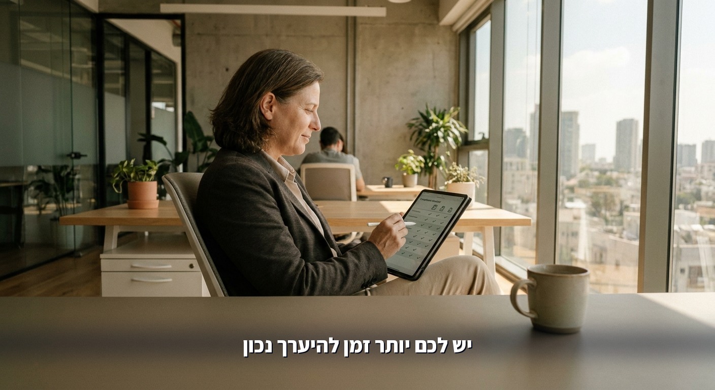 בעל עסק ישראלי בוחן רשימת היערכות לרגולציית AI על טאבלט במשרד מואר