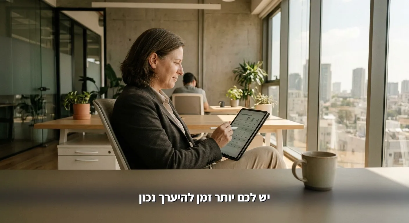 בעל עסק ישראלי בוחן רשימת היערכות לרגולציית AI על טאבלט במשרד מואר